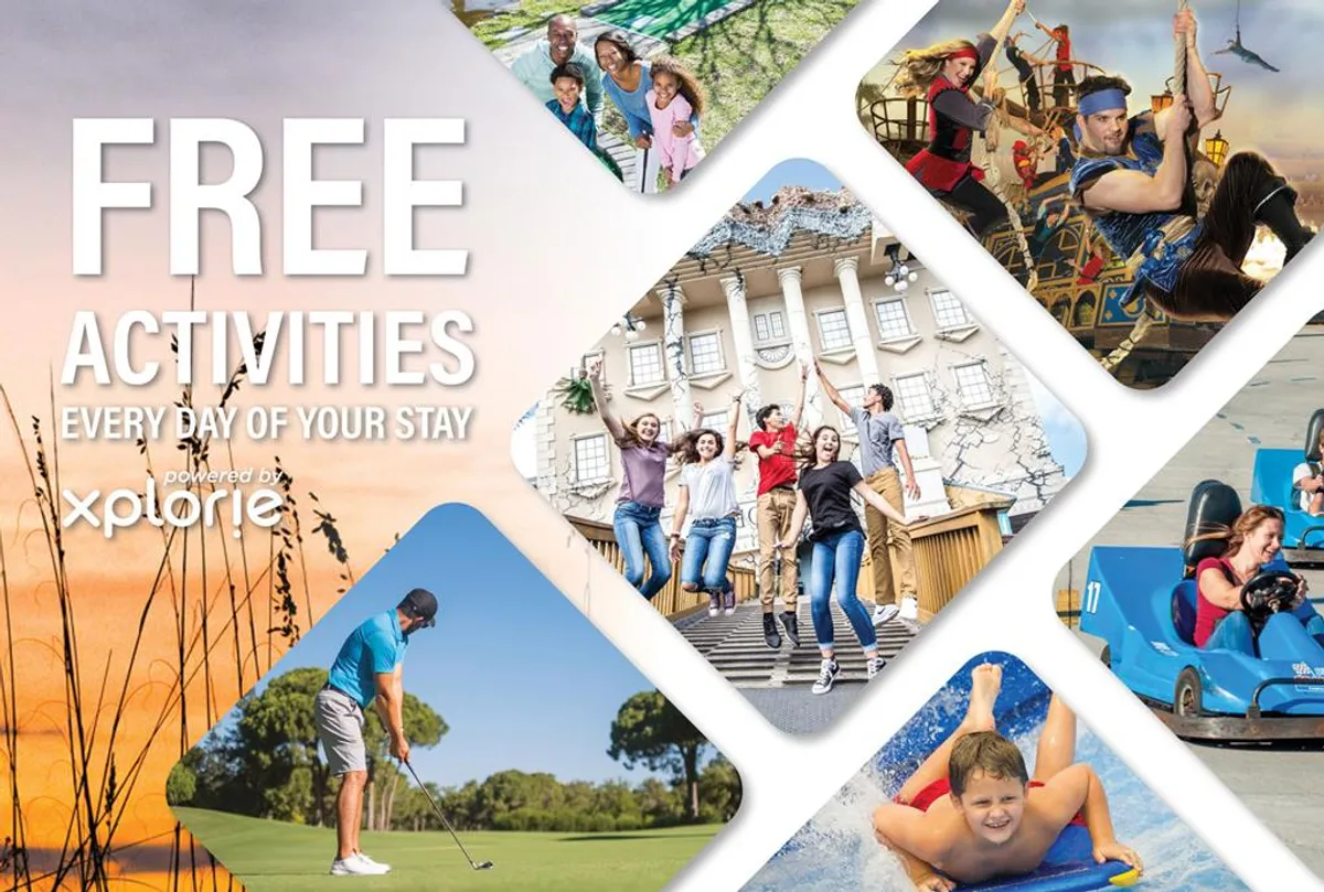 An interior scene bustling with families taking part in various activities such as golfing, water sports, and themed entertainment. The atmosphere is lively and fun, highlighting opportunities for daily adventures and special programs.