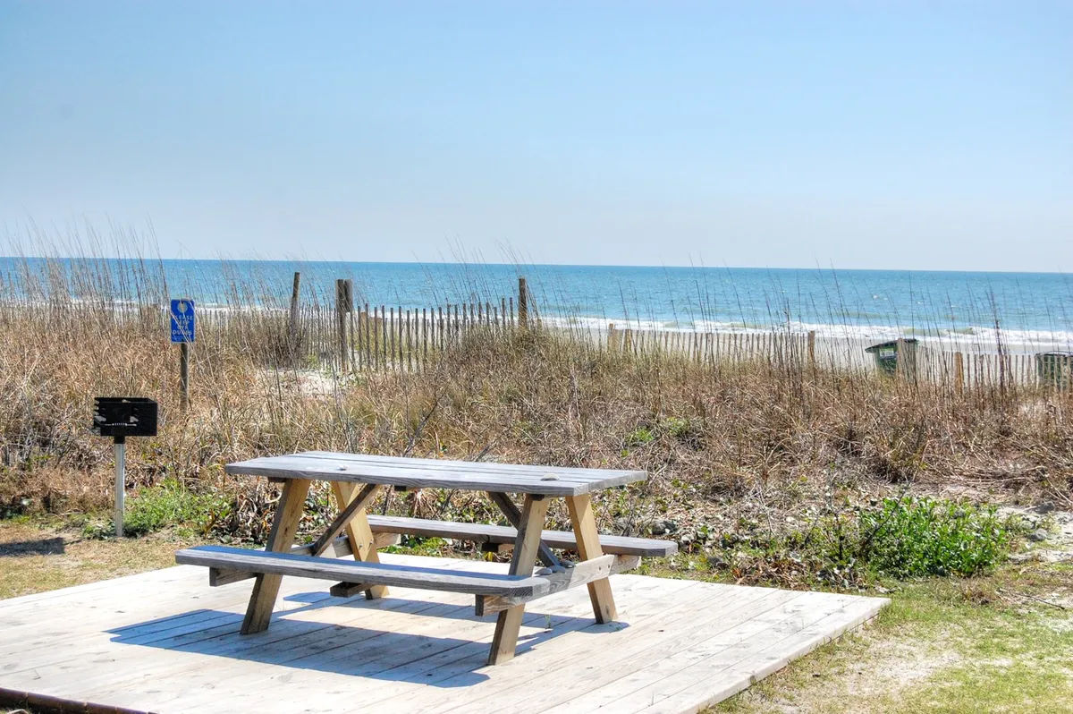 A tranquil outdoor picnic table sits near beach grass and a distant view of the ocean, framed by fencing. The setting is peaceful and evocative of relaxed coastal moments—ideal for picnics, quiet mornings, or casual gatherings steps from the shore.